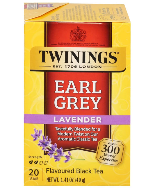 Twinings Earl Grey Lavender Black Tea Individually Wrapped Bags, 20 Count (Pack of 1), Citrus, Bergamot & Floral, Caffeinated, Enjoy Hot or Iced, 20 Teabags