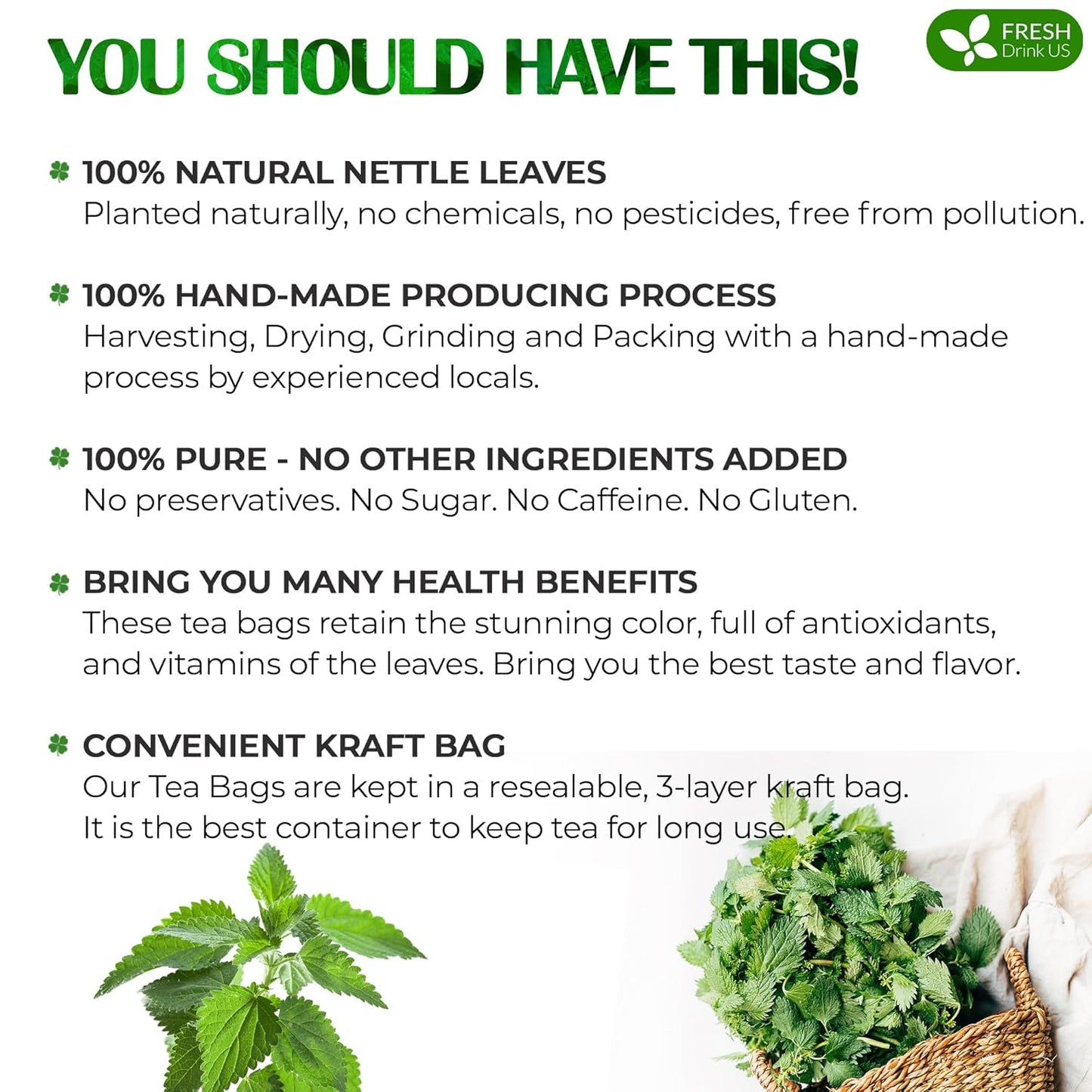 FreshDrinkUS, 55 Nettle Leaf Tea Bags, 100% Natural & Pure from Nettle Leaves. Loose Leaf Nettle Herbal Tea. Nettle Leaf Tea. No Sugar, No Caffeine, No Gluten, Vegan.