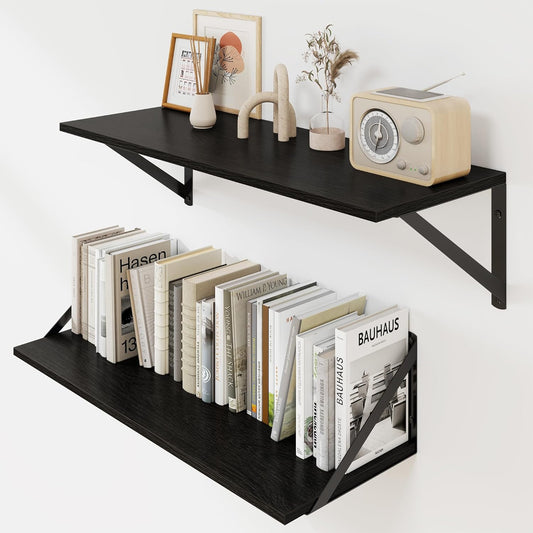 Heimlove Black Deep Floating Shelves for Wall, 24W x 8D Wood Wall Shelves Set of 2, Wide Floating Bookshelf for Living Room, Kitchen, Office, Bedroom and Decor Storage, with Metal Bracket - Black
