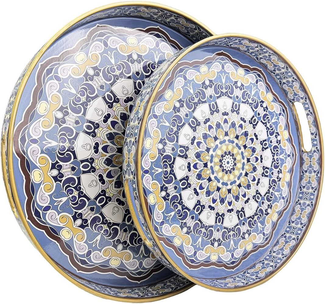 Round Decorative Trays Set of 2, Modern Plastic Serving Tray with Handles for Living Room, Coffee Table, Kitchen, Ottoman, Boho Blue, Large 13", Small 11.8"
