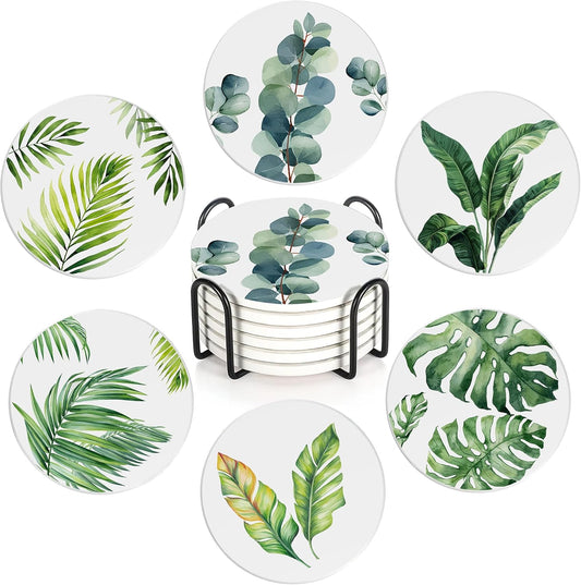 6 Pcs Coasters for Drinks with Holder, Green Leaves Absorbent Ceramic Coasters with Cork Base,Cute Funny Table Drinks Coasters Tabletop Protection Mat,Table Home Decor,4 Inches