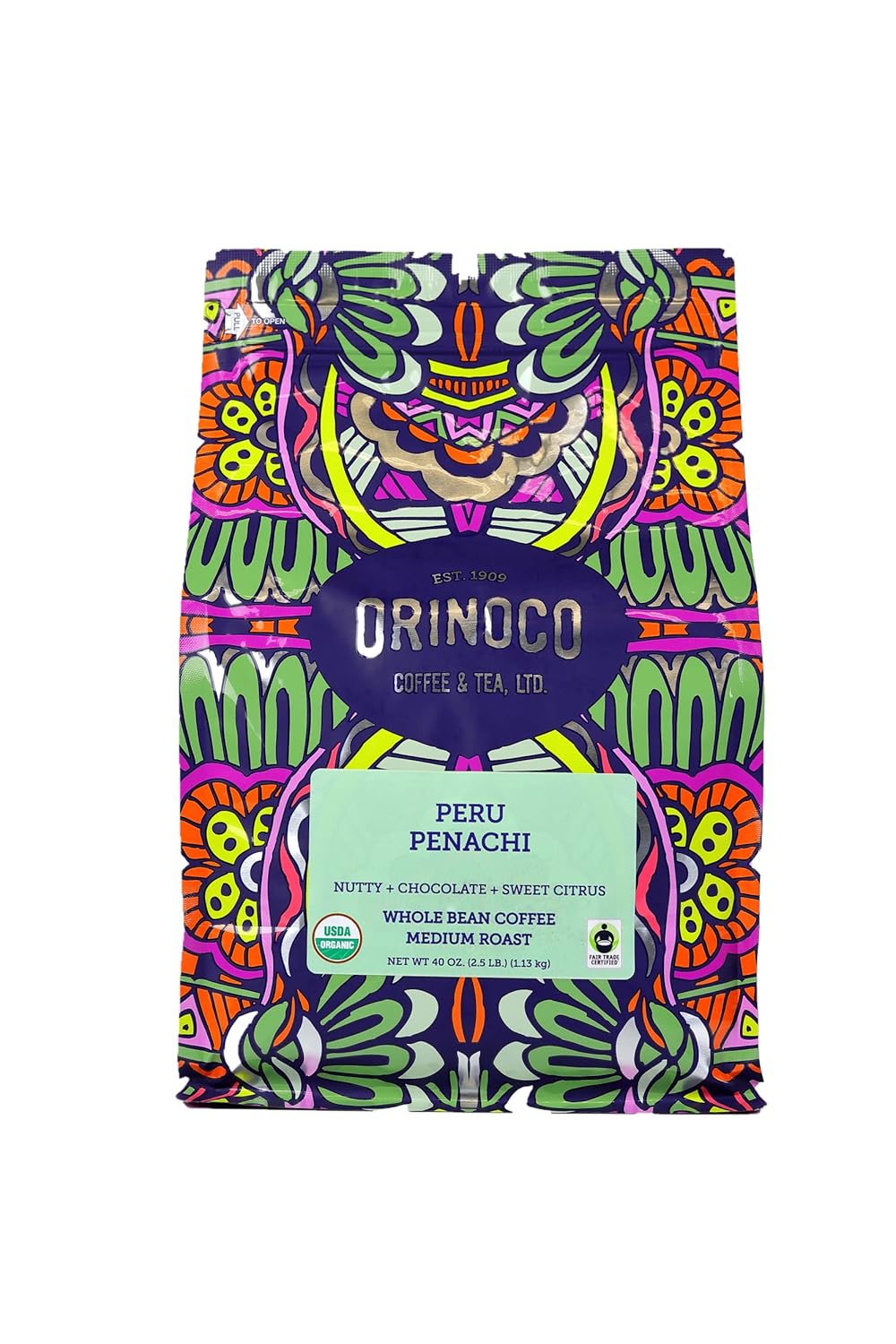 Orinoco Organic Fair Trade Peru 2.5lb bag, Medium Roast, Whole Bean Coffee, 100% Organic Fair Trade Arabica beans