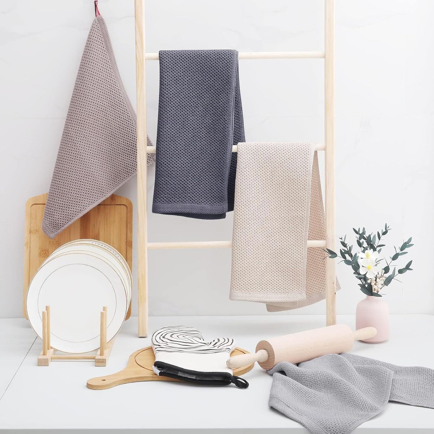 Homaxy 100% Cotton Waffle Weave Kitchen Dish Towels, Ultra Soft Absorbent Quick Drying Cleaning Towel, 13 x 28 Inches, 18-Pack, Mixed Color