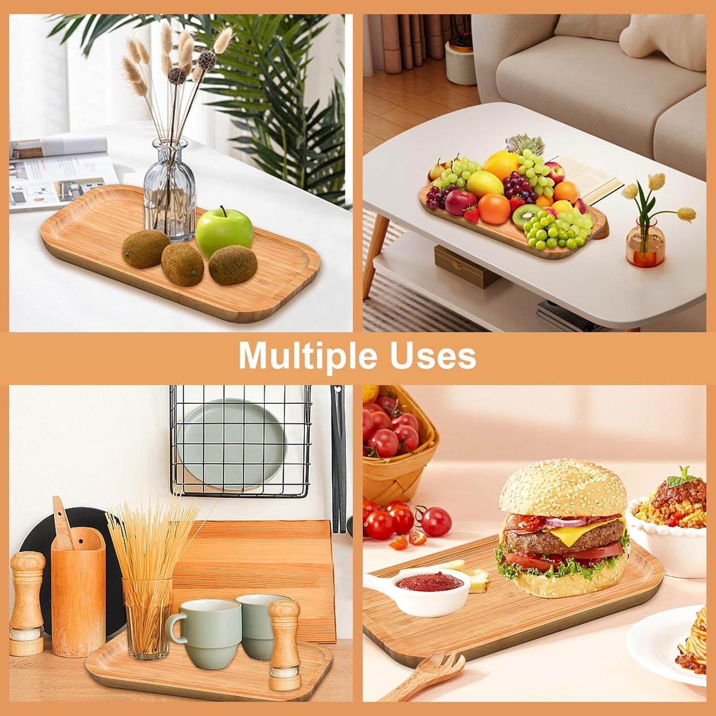 2 Pack Bamboo Trays Cheese Plate,10 Inch Rectangular Food Serving Saucer Wood Platte for Serving Food for Charcuterie Tea Coffee Snack Bread Fruit Appetizer Plant Pot