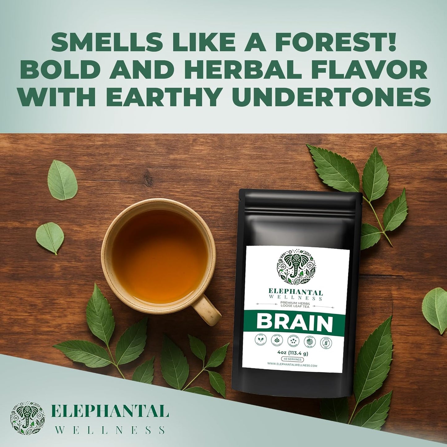 Elephantal Wellness Premium Brain Herbal Tea | Nootropic Focus & Mental Clarity Support with Ginkgo, Bacopa, Ashwagandha & Gotu Kola | Handmade, Caffeine-Free, Non-GMO Loose Leaf Blend, 4oz Loose Leaf, 40 Servings