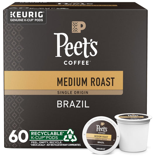 Peet's Coffee, Medium Roast Keurig K-Cup Pods - Single Origin Brazil 60 Count (6 Boxes of 10 K-Cup Pods)