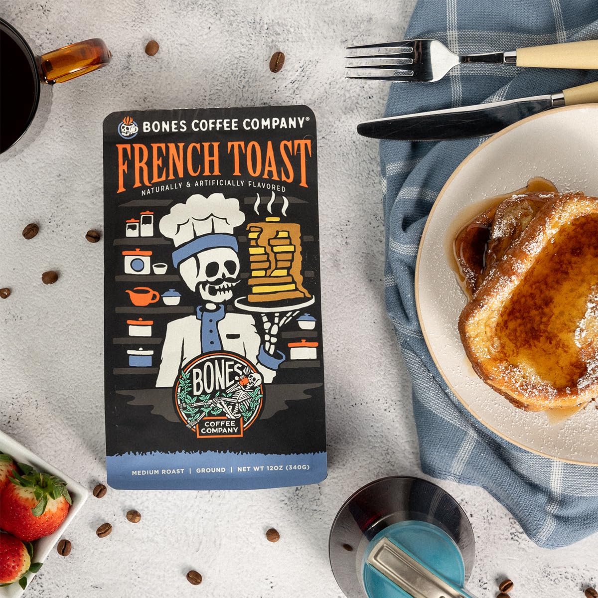 Bones Coffee Company French Toast, Sweet and Buttery Flavored Flavored Coffee, Medium Roast Low Acid Arabica Beans Compatible with Auto drip and French Press Coffee Maker, 12 Oz Whole Bean