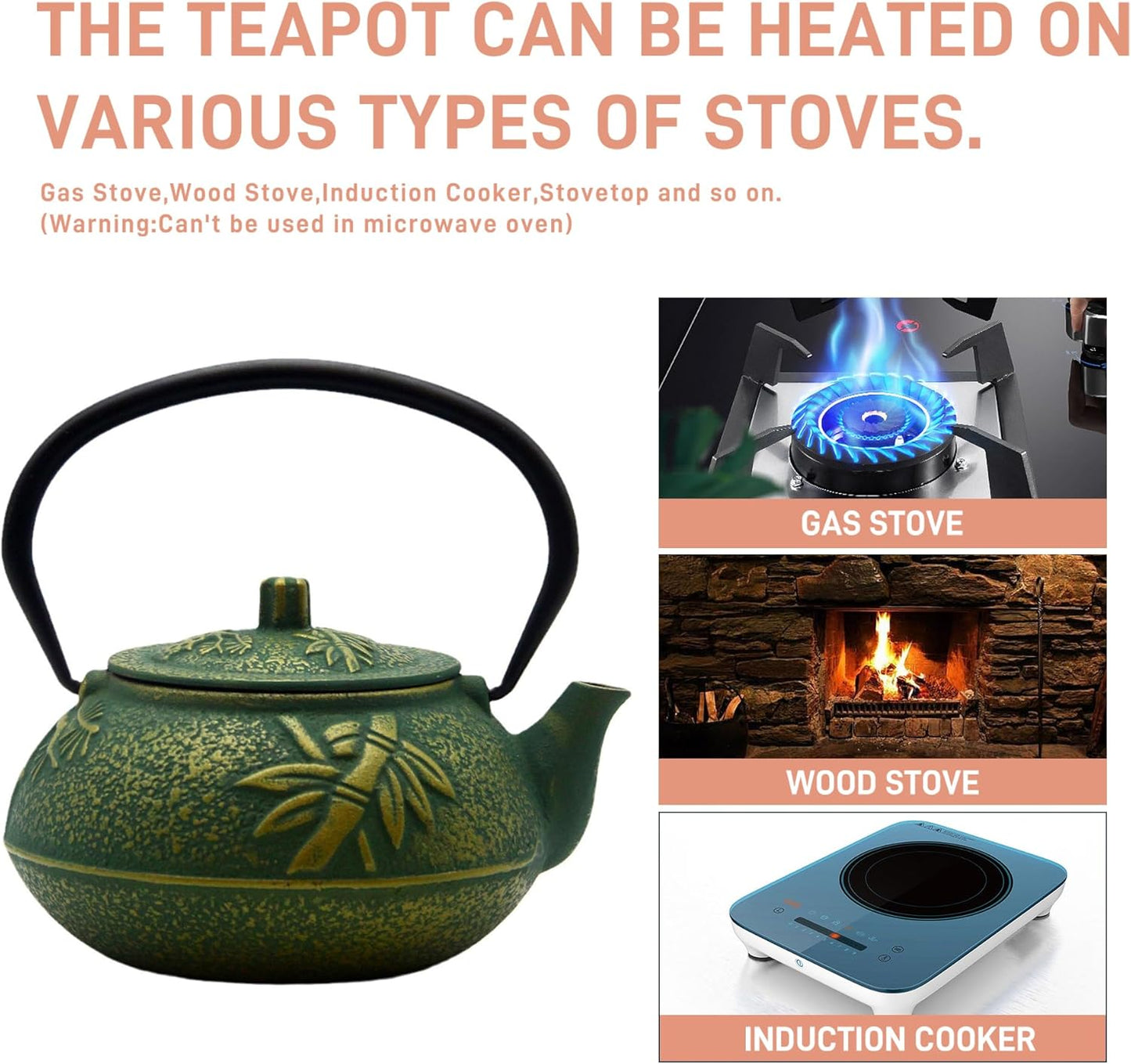 900ml Small Cast Iron Tea Kettle, SECHUDO Teapot Coated with Enameled Interior for Stovetop, Japanese Green Tea Pot with Stainless Steel Strainer for Loose Leaf, Pine,Bamboo and Plum Pattern(30.4oz)