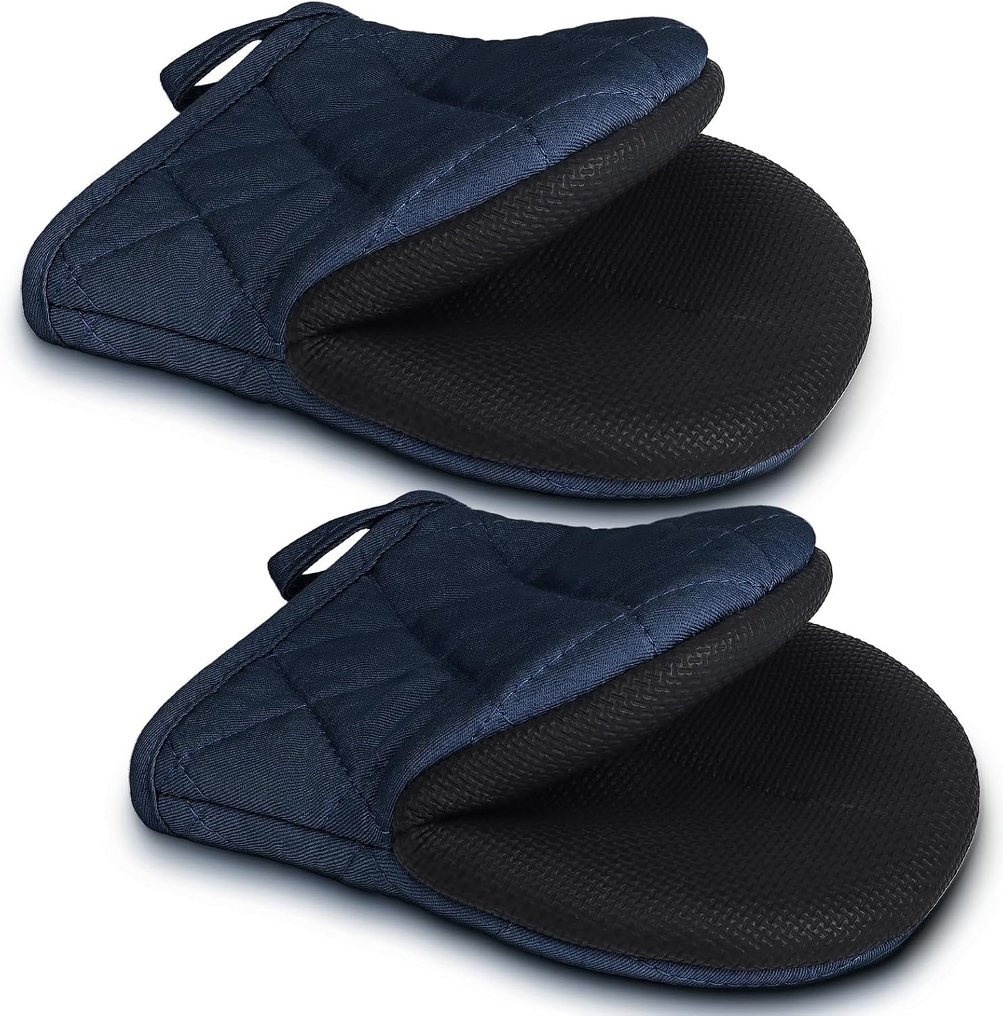1 Pair Short Oven Mitts - Silicone Kitchen Oven Gloves High Heat Resistant 500℉, Mini Oven Mits with Non-Slip Grip Surfaces and Hanging Loop for BBQ, Baking, Cooking and Grilling (Dark Blue)