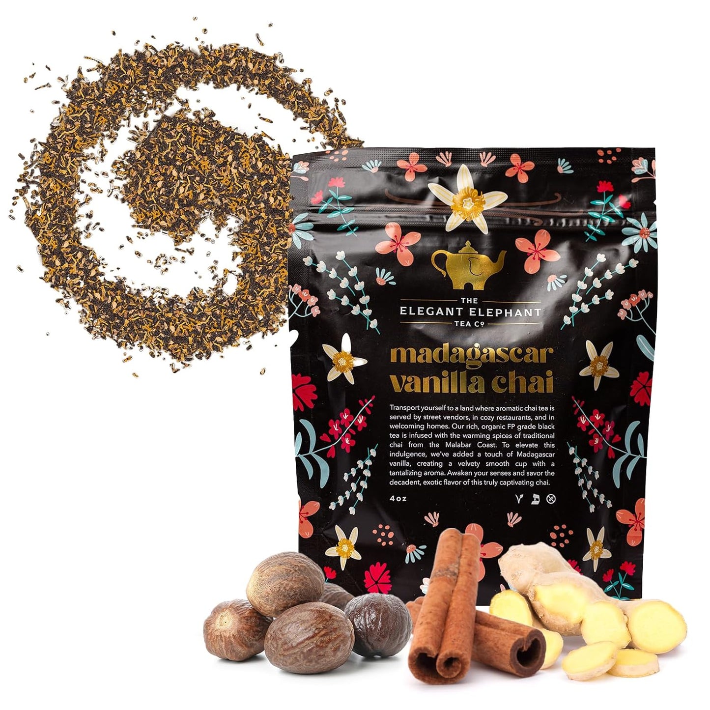 Madagascar Vanilla Chai Tea, Organic Loose Leaf Chai Tea – Black Tea with Chai Spice Blend – Great Hot or Iced Chai Latte – 4 oz Resealable Bag (Makes 50 Cups) – The Elegant Elephant