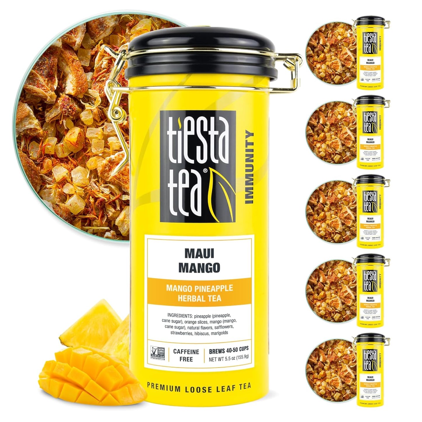 Tiesta Tea - Maui Mango | Loose Leaf | Mango Pineapple Herbal Tea | Premium Non-Caffeinated Blend | Make Hot or Iced | Brews Up to 50 Cups | 33 Ounce Refillable Tin, Pack of 6