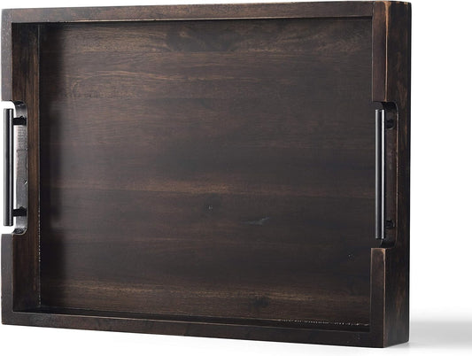 Ottoman Tray, Acacia Wood Serving Tray with Metal Handles, 16.5x12.5in Food Drinks Tray for Coffee Table, Breakfast, Dinner & Bar, Rustic Decorative Storage Tray for Ottoman, Kitchen, Packaging