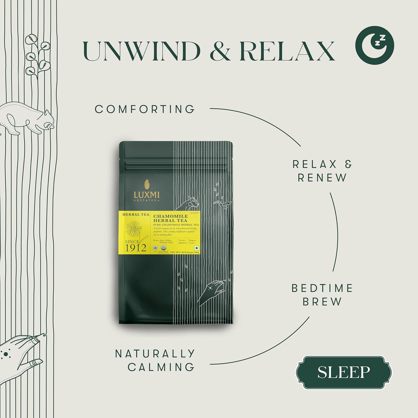 Luxmi Estates Chamomile Herbal Tea, 50 Tea Bags, Herbal Tea, Caffeine-Free, Single Ingredient Pure Chamomile, 50 Cups