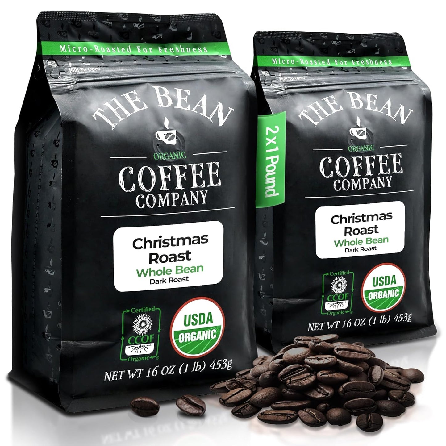 The Bean Organic Coffee Company Christmas Roast, Dark Roast, Whole Bean Coffee, 16-Ounce Bags (Pack of 2)