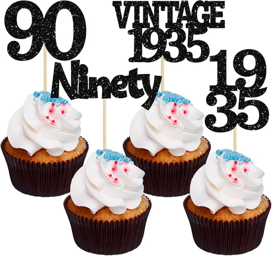 Gyufise 24Pcs Vintage 1935 Cupcake Toppers Glitter Cheers to 90 Fabulous Ninety Cupcake Picks 90th Birthday Wedding Anniversary Party Cake Decorations Supplies Black