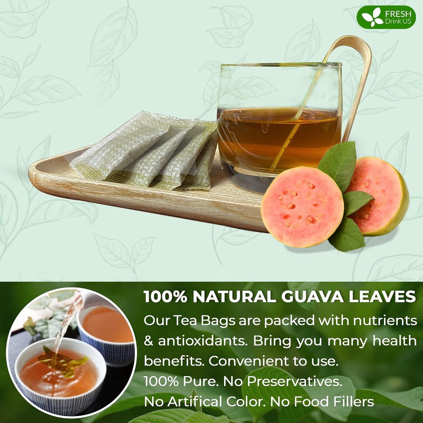 FreshDrinkUS, Premium 135 Guava Leaf Tea Bags, Handmade, From Great Origin, 100% Natural and Pure. Guava Tea, Loose Leaf Herbal Tea. No Sugar/Caffeine/Gluten, Vegan.