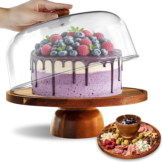Wood-Cake-Stand With Acrylic Dome Lid, Round Wooden Cake Holder Plate With Cover, 2-in-1 Dessert Table Display Set For Party, Charcuterie Board For Cheese, Chips & Dips, Nachos, Fruit Platter