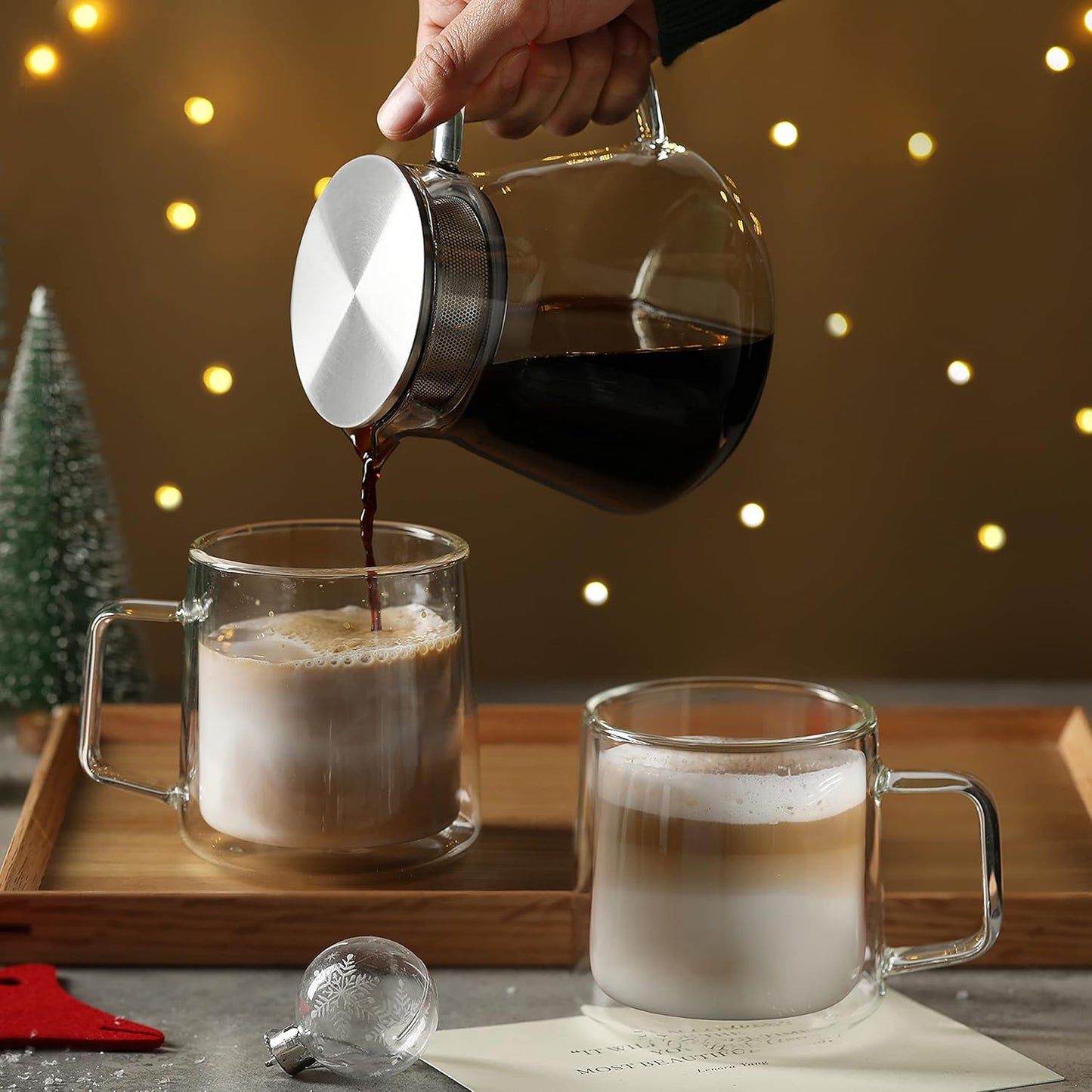 CNGLASS 10oz Glass Coffee Mugs,Double Wall Insulated Glass Mugs with Handle,Clear Espresso Mug for Latte,Cappuccino,Tea Bag,Set of 4