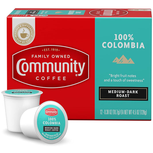Community Coffee 100% Colombia 12 Count Coffee Pods, Medium-Dark Roast, Compatible with Keurig 2.0 K-Cup Brewers, Box of 12 Pods