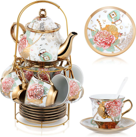 Zhehao 20 Pcs Porcelain Tea Set with Metal Holder and Spoon Adult Ceramic Tea Party Set European Flower Painting Teapot Cup Saucer Spoon Set for Women, Large Version(Bright Style)