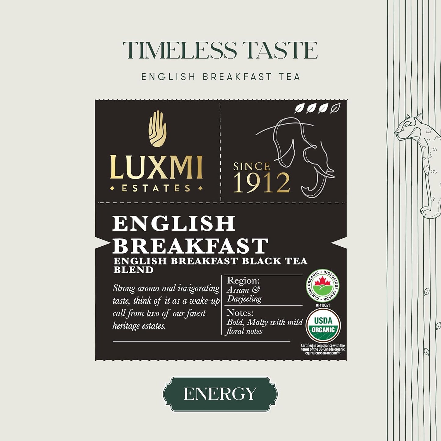 Luxmi Estates English Breakfast Tea 250g Loose Leaf Tin | A Tale of Two Estates | Certified Organic Black Tea leaf | Smooth, Flavorful, Robust, Caffeinated | Darjeeling & Assam Tea from India | 125 Cups