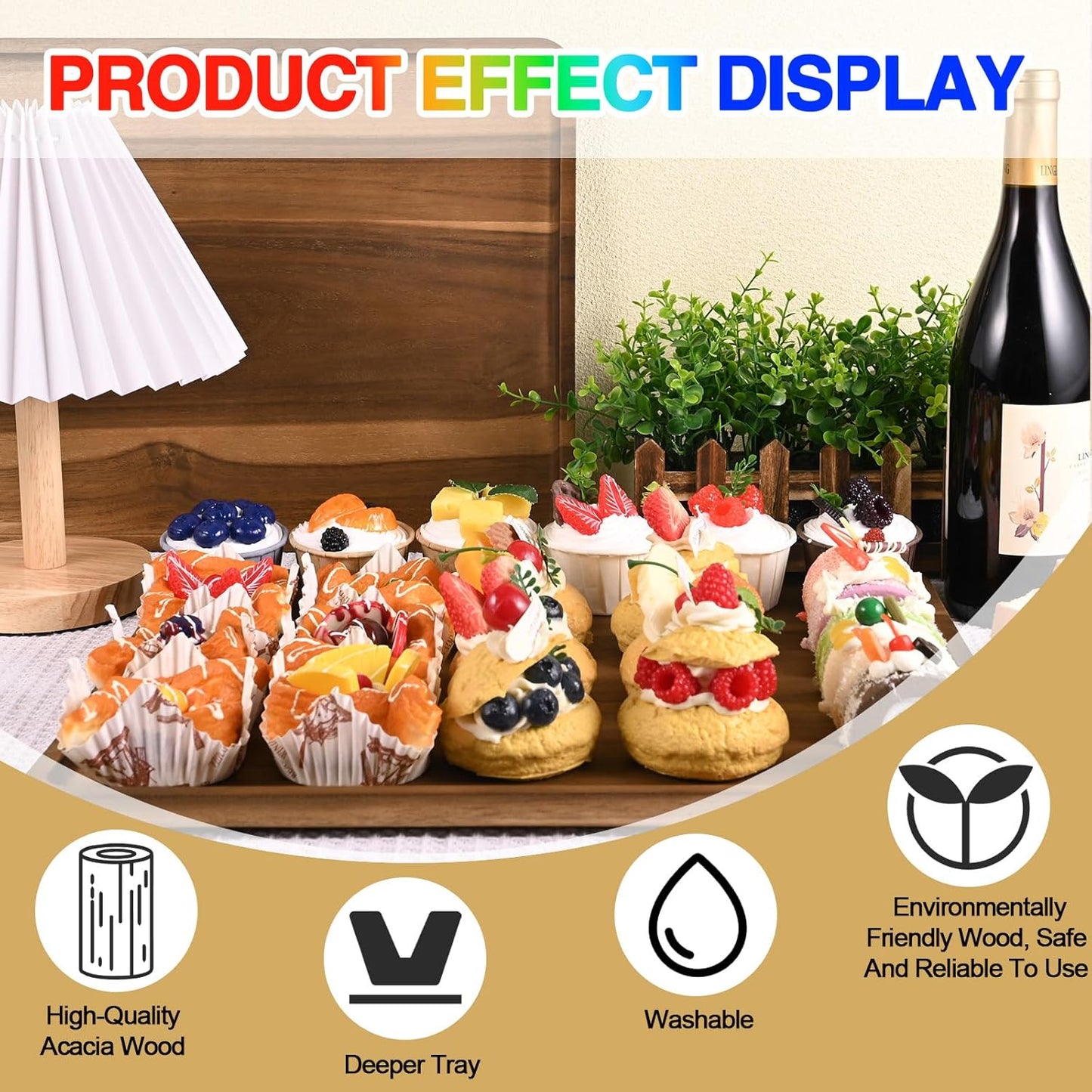 2 Pcs Acacia Wood Serving Tray, Rectangular Wooden Serving Platters Charcuterie Board, Large Wood Kitchen Display Tray for Food, Cookie, Dessert, Fruit, Snack, Vegetable, 16.6" x 12.6" x 0.6"