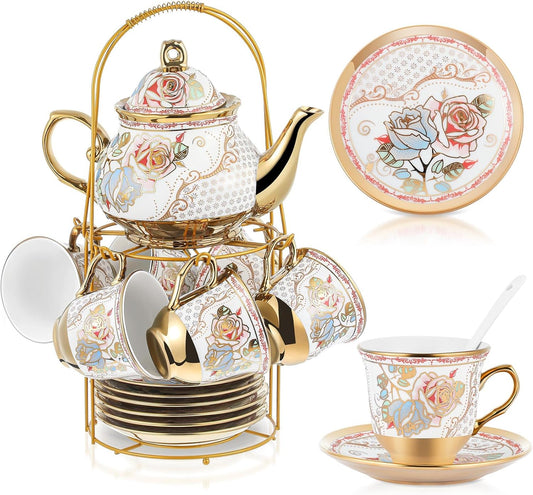 Zhehao 20 Pcs Porcelain Tea Set with Metal Holder and Spoon Adult Ceramic Tea Party Set European Flower Painting Teapot Cup Saucer Spoon Set for Women, Large Version(Minimalist Style)
