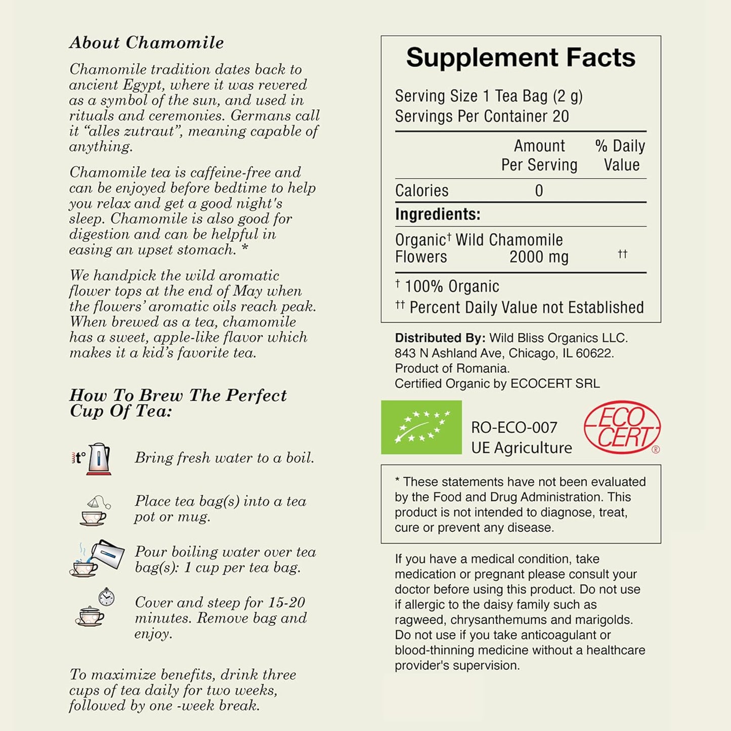 Wild Bliss Organic Chamomile Tea - Caffeine Free Calming Herbal Support - Pharmacopoeia Potency - 20 Plant Based Tea Bags