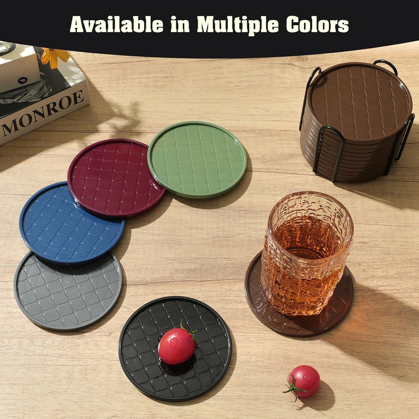 Coasters Set of 8,Hot or Cold Drink Coasters with Holder,Modern Style Coffee Table Coaster,Suitable for Kinds Cups Beer,Drink,Anti-Overflow Tabletop Protection (Navy Blue, 8pcs)
