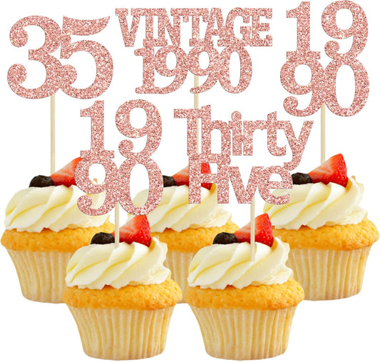 Gyufise 24Pcs Happy 35th Birthday Cupcake Toppers Glitter Thirty Five 35 Fabulous Vintage 1990 Cupcake Picks for 30th Birthday Wedding Anniversary Party Cake Decorations Supplies Rose Gold
