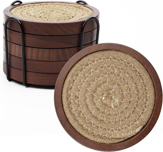 Mckanti 5 Pack Wooden Coasters with Holder for Coffee Table Decor, Absorbent for Kinds of Cups, 4.3 Inches