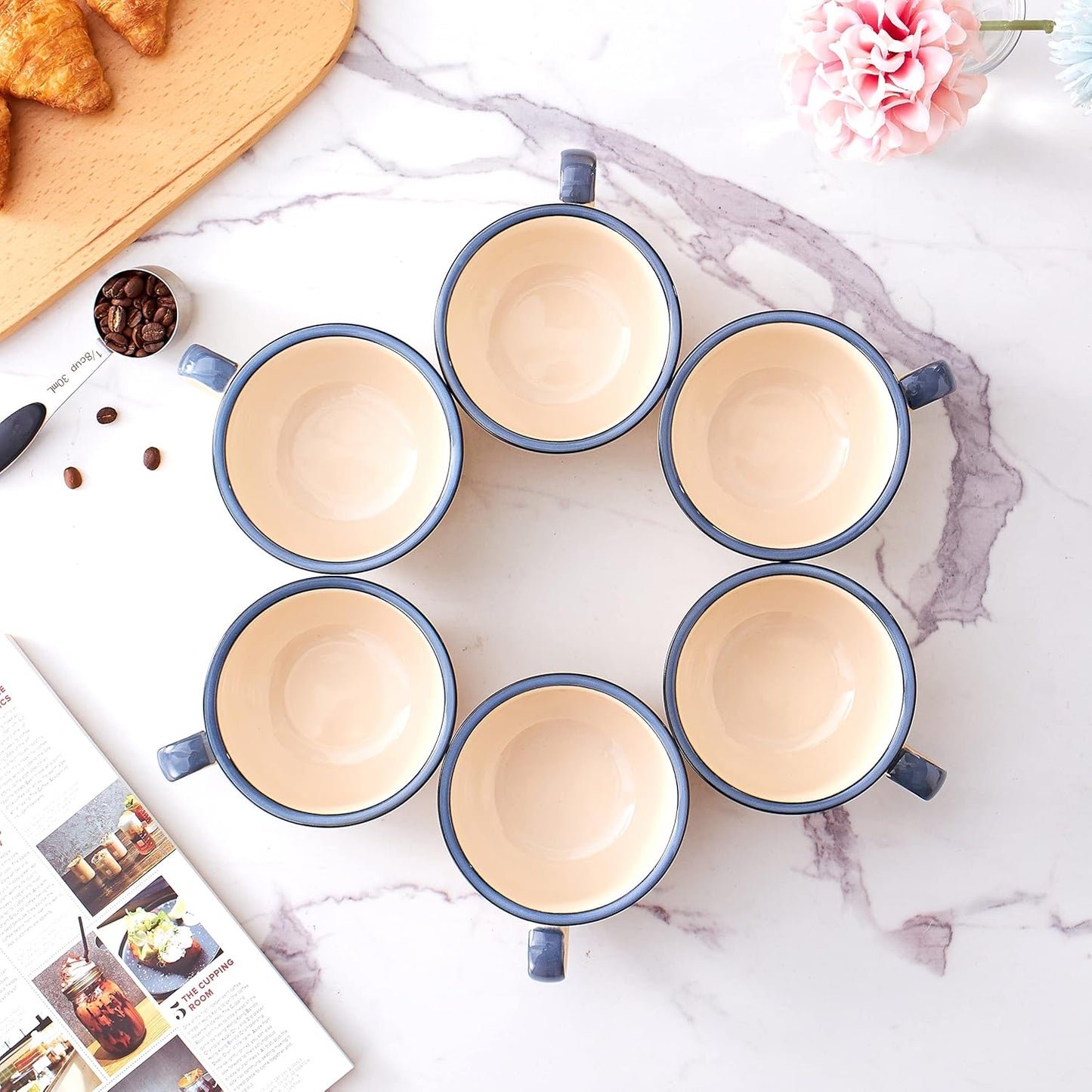 Set of 6 Cups Vintage Design 12 oz Professional Barista Ceramic Latte Art Cappuccino Cups Set (Beige * 6)