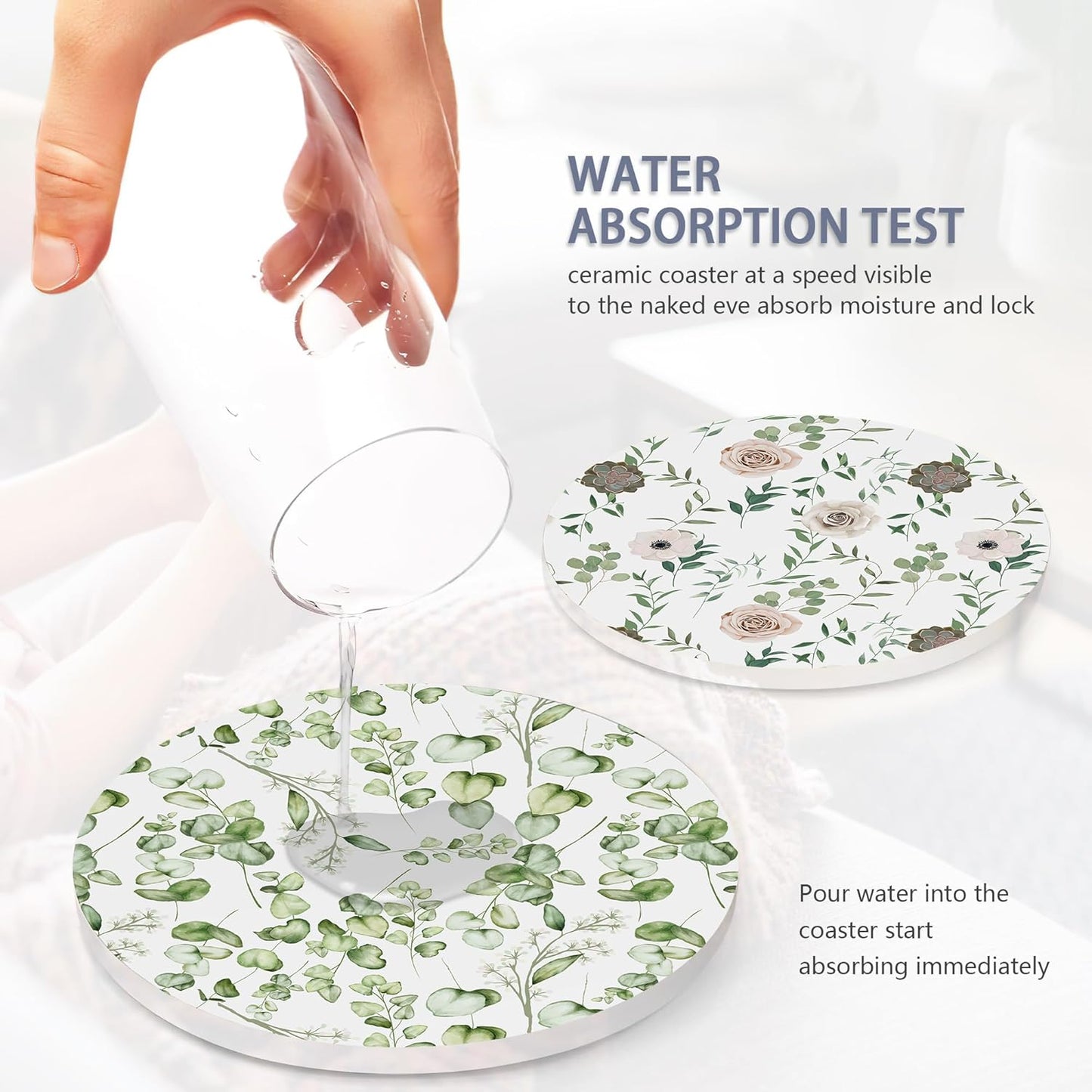 Table Coaster for Drinks Set of 6, Eucalyptus Leaf Flower Watercolor Round Ceramic Coasters,with Cork Base and Metal Holder,Great Housewarming Birthday Gifts,Home Decor