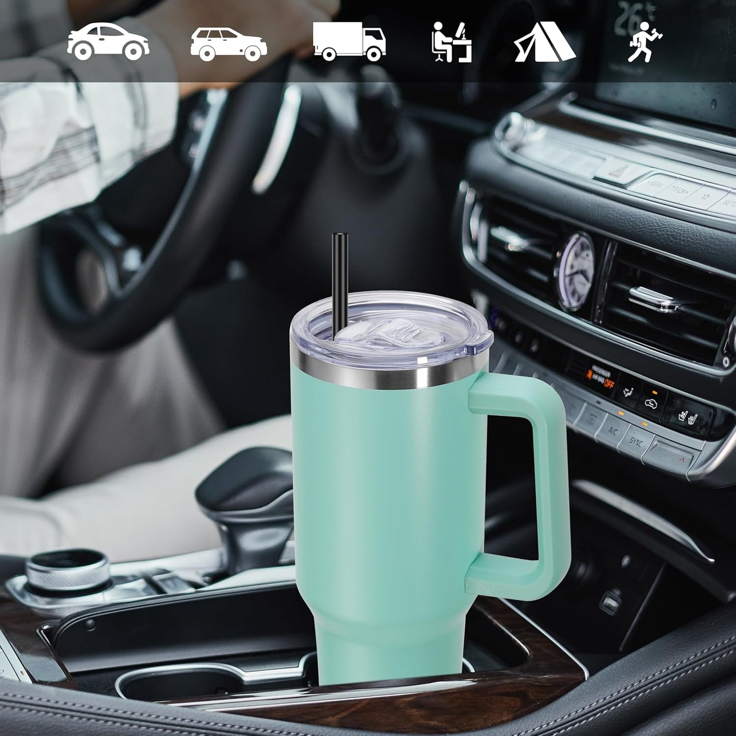 DOMICARE 40 oz Tumbler with Handle and Straw, Stainless Steel Tumbler with Lid and Straw, Reusable Vacuum Insulated Cup, Travel Coffee Mug, Mint Green, 4Pack