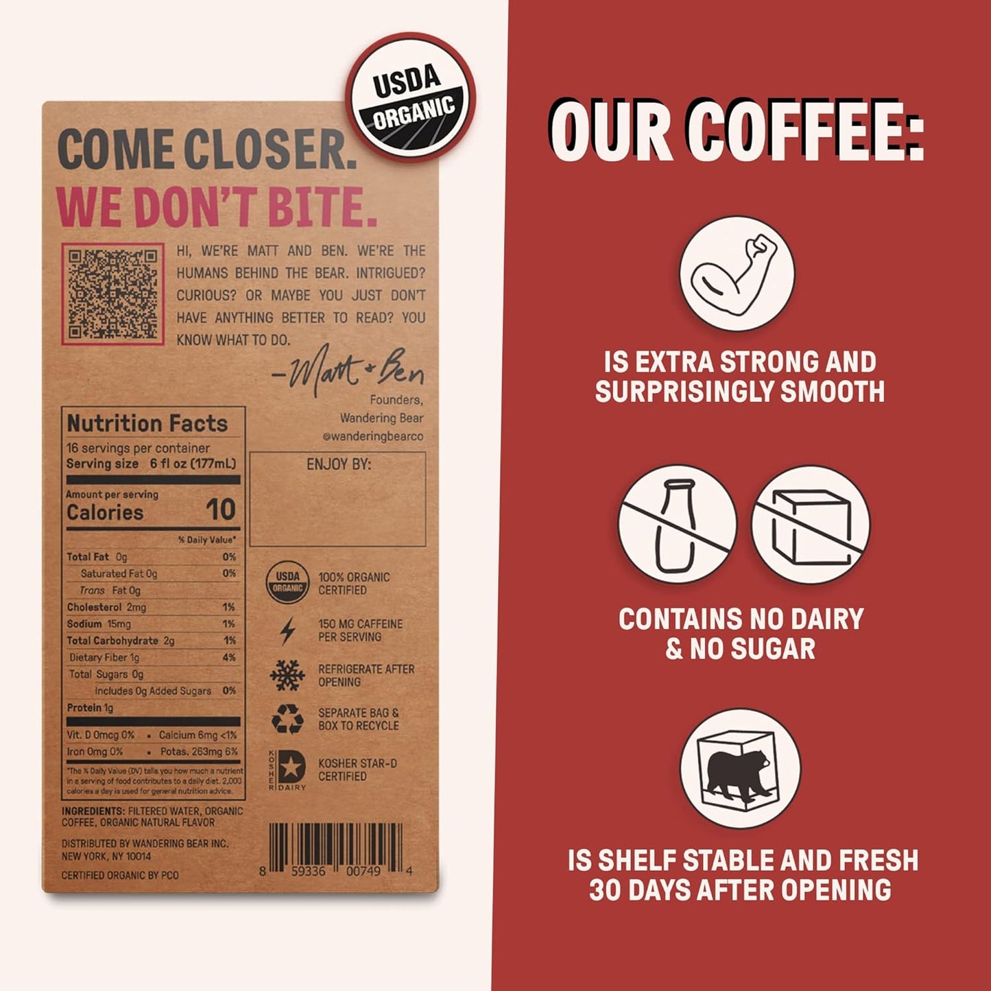 Wandering Bear Organic Mocha Cold Brew Coffee On Tap, 96 fl oz - Extra Strong, Bold, Smooth, Unsweetened, Shelf-Stable, Ready to Drink, Gluten Free, & Vegan, Iced Cold Brewed Coffee Drinks