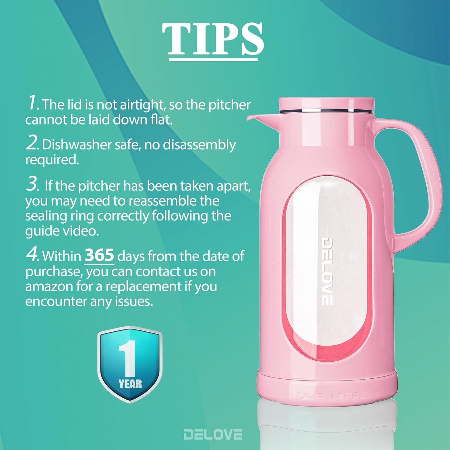 Delove 68 oz/2 Liter Glass Pitcher with Shatterproof Shell - Heat Resistant Glass Liner - Stainless Steel Lid - Carafe & Jug for Iced Tea,Hot/Cold Water,Homemade Juice Beverages (Pink)