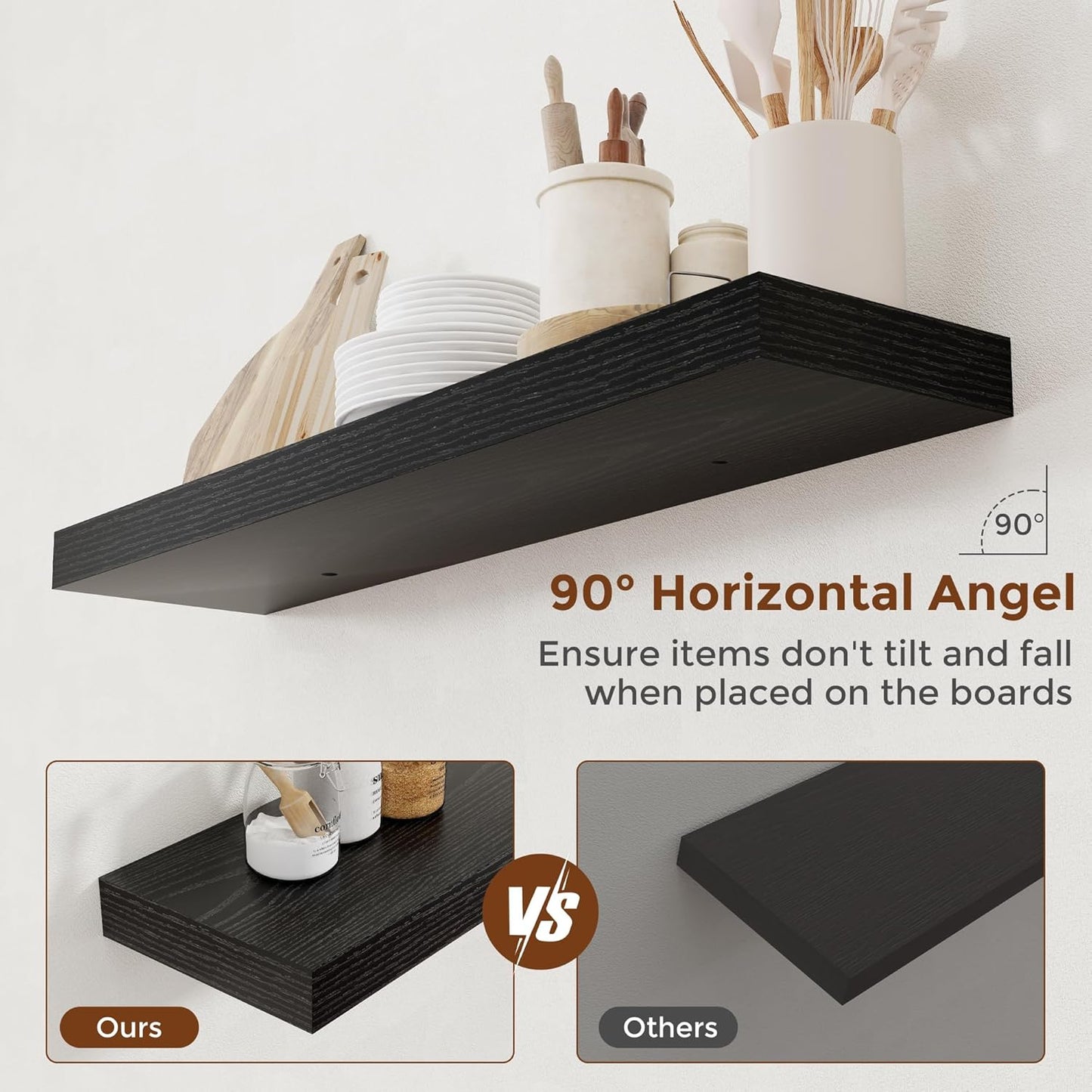 Heimlove 36 Inch Floating Shelves for Wall 8 Inch Deep Black Shelves Set of 2,Wall Mounted Rustic Wood Long Floating Shelf with Invisible Brackets for Bedroom Kitchen Living Room