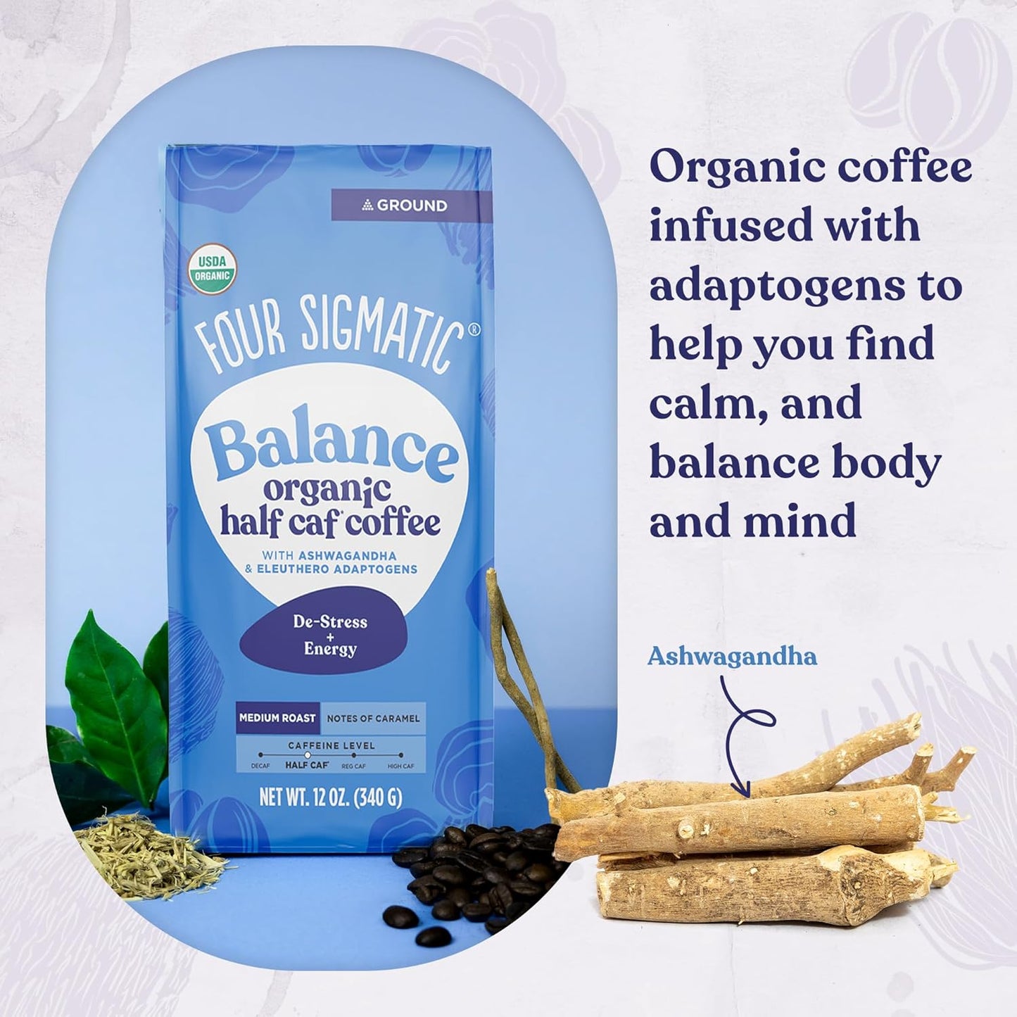 Four Sigmatic Organic Balance Adaptogen Ground Coffee | Medium Roast USDA Organic Coffee with Ashwagandha, Chaga Mushroom, Eleuthero and Tulsi for Focus and Energy Boosting | 12oz Bag