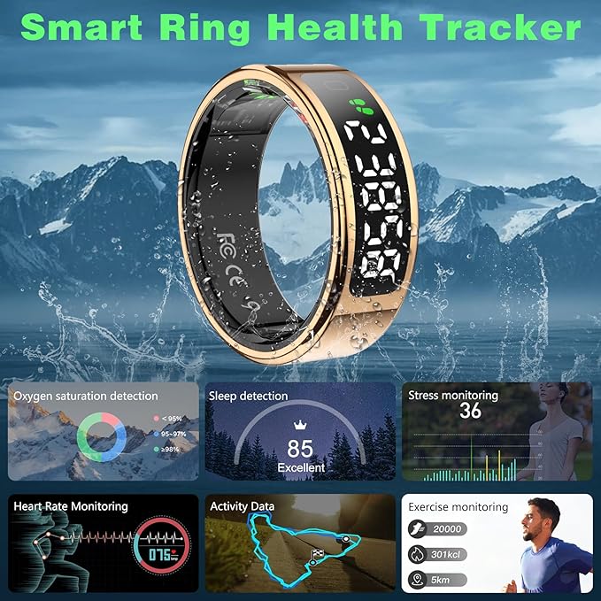 Smart Ring with LED Display Screen, Fitness Tracker Smart Rings for Women Men, Health Ring for iOS & Android, Sleep Tracker Ring Compatible with Heart Rate, SpO2, Sleep, Step (Rose Gold, 12)