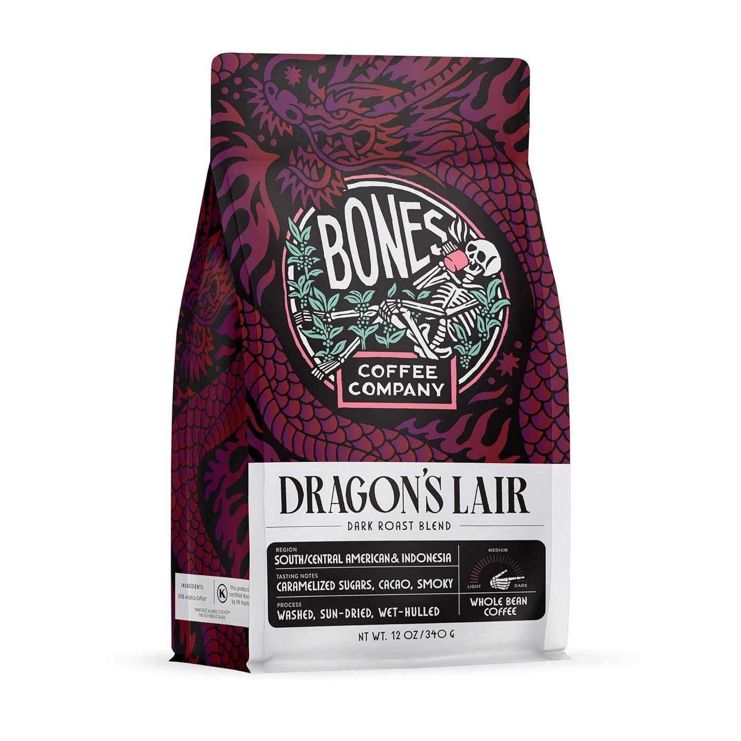Bones Coffee Company Dragon's Lair, Smokey, Cacao and Caramelized Sugar Notes, Unflavored Coffee, Medium Roast Low Acid Arabica Beans Compatible with Auto drip and French Press Coffee Maker, 12 Oz Whole Bean