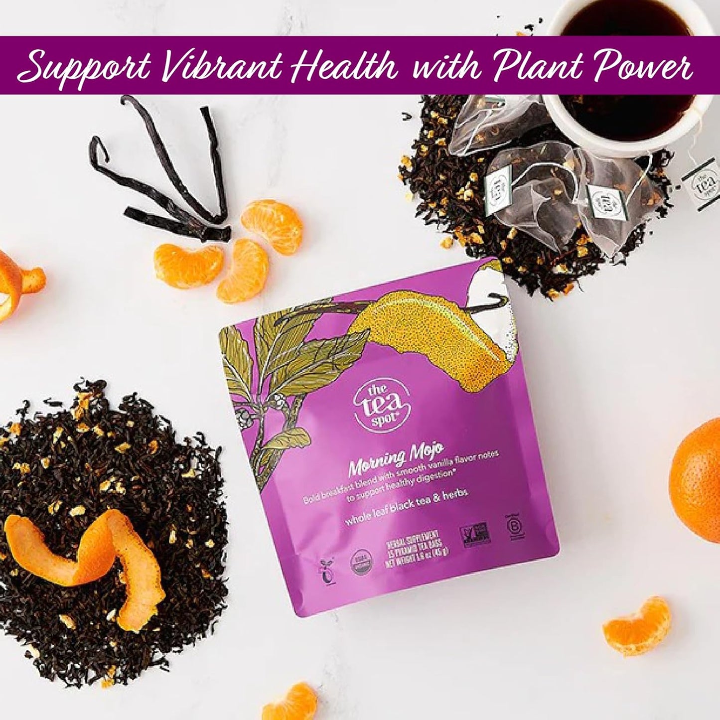 The Tea Spot Organic Morning Mojo Black Tea with Vanilla and Citrus for Energy | Breakfast Blend of Pu'erh Tea, Black Tea, Orange Peel and Vanilla Flavor | 15 Tea Bags