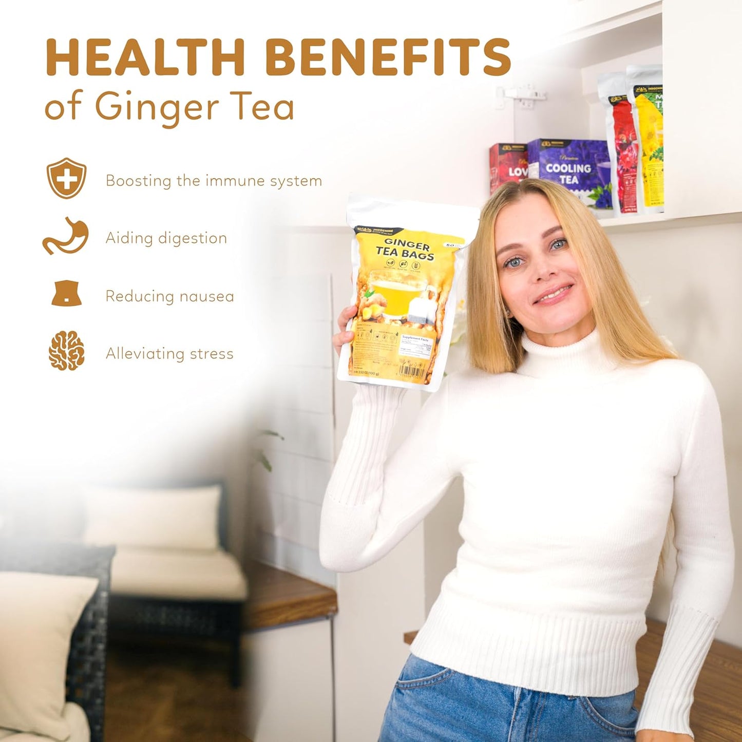 Indochine Blends, Ginger Tea Bags, 50 Teabags, 2g/bag, Individually Wrapped Envelopes, Caffeine-free, No Sugar, Healthy Belly Herbal Tea Supports Digestion & Boosts the Immune System