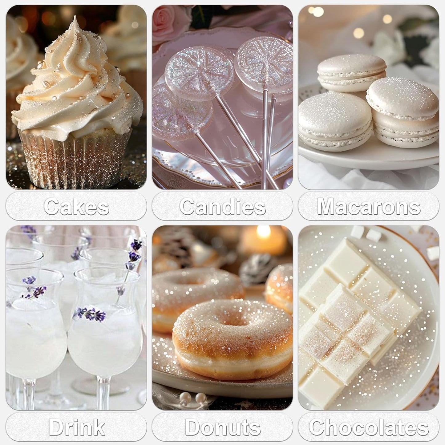 White Edible Glitter - 5g Food Grade Cake Decorating Shimmering Glitter, Edible Sprinkle Luster Dust for Drinks, Chocolates, Fondant, Strawberries, Cupcakes, Candy, Cookie - Vegan