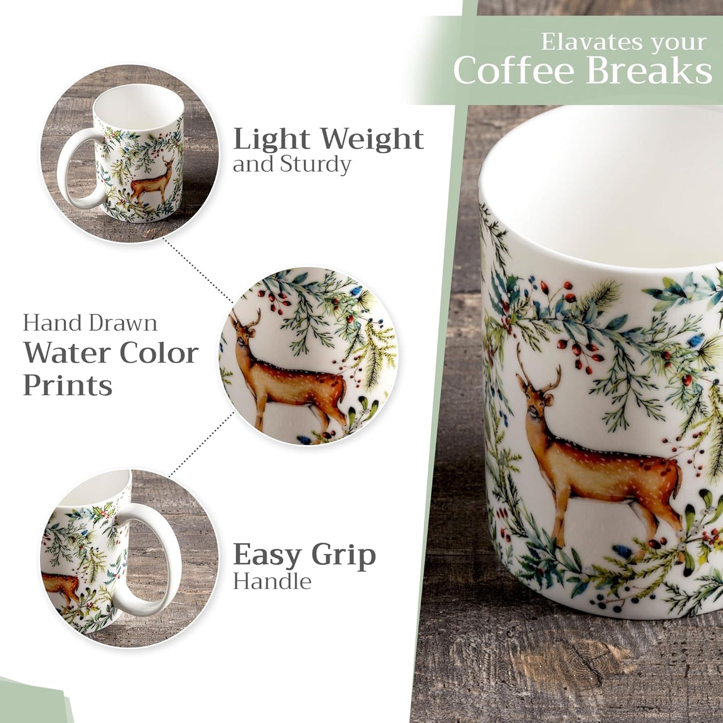 Maison d' Hermine Coffee Mug with Handles Fine Bone China Mugs Pack of One Tea Cups for Hot Beverages Cappuccino Latte Home Restaurant Office Perfect for Gift (Holly Time - Biche, 12 Ounce)