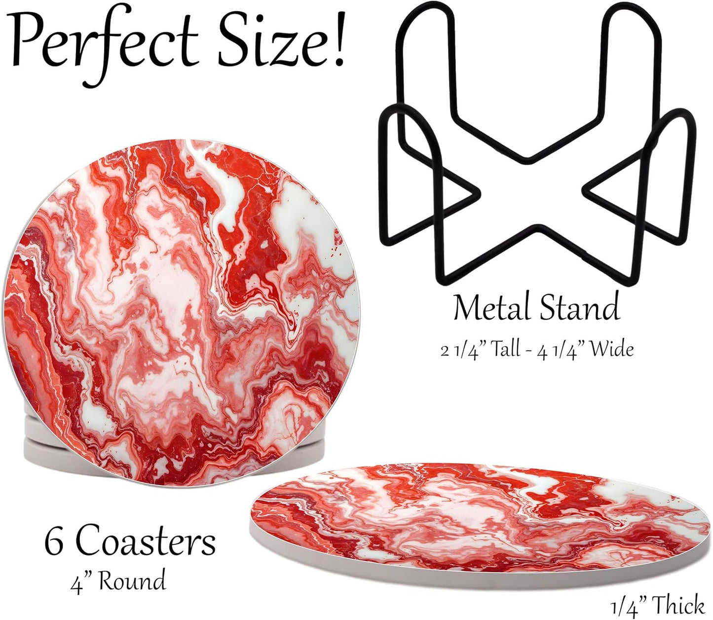 Light Red Agate Marble Round Coasters Set of 6 - Abosrbent Ceramic Coasters with Metal Stand for Drinks, Coffee, Non-Slip Cork Back for Tabletop Protection, 4 Inches Marbled Pattern (Light)