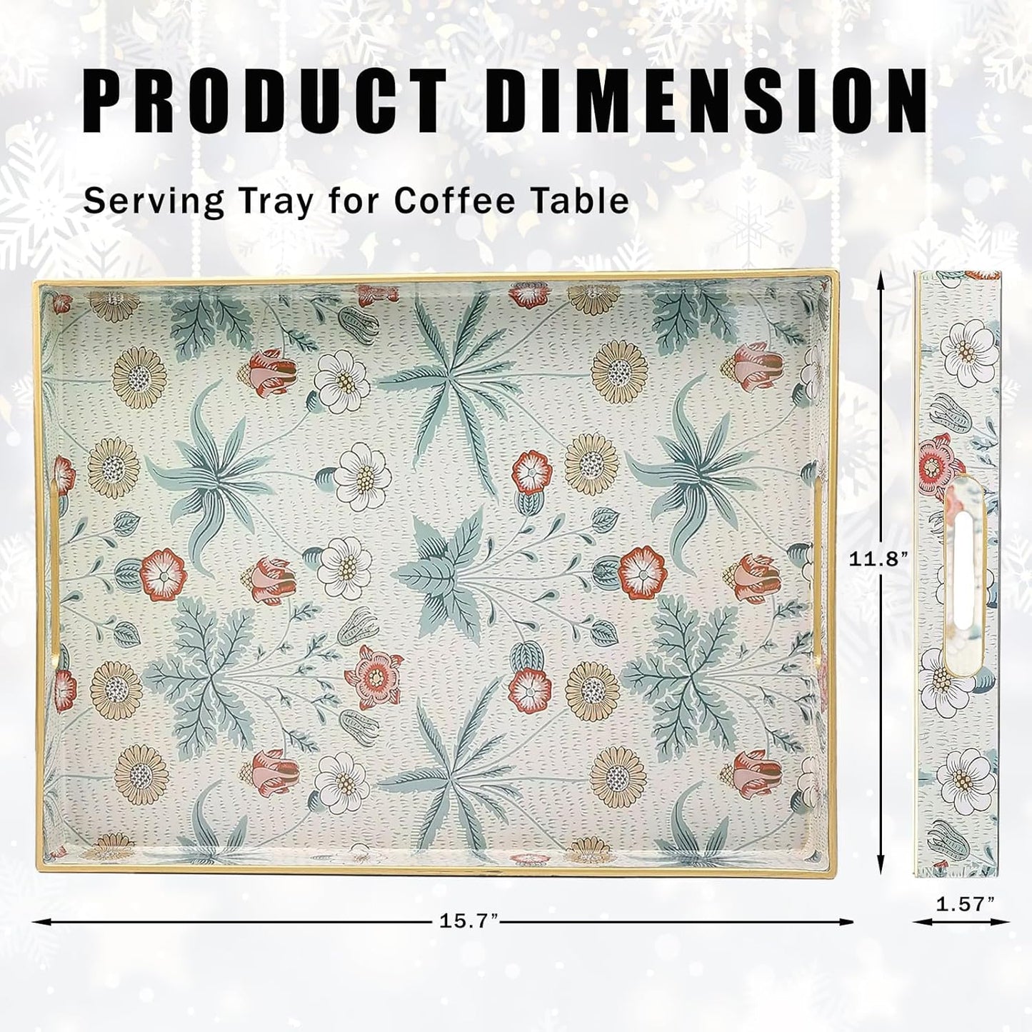 Rectangle Serving Tray with Handles, Coffee Table Tray for Ottoman, Living Room, Outdoor Tray for Patio Entertaining, Serving Breakfast Kitchen Platter, Daisy