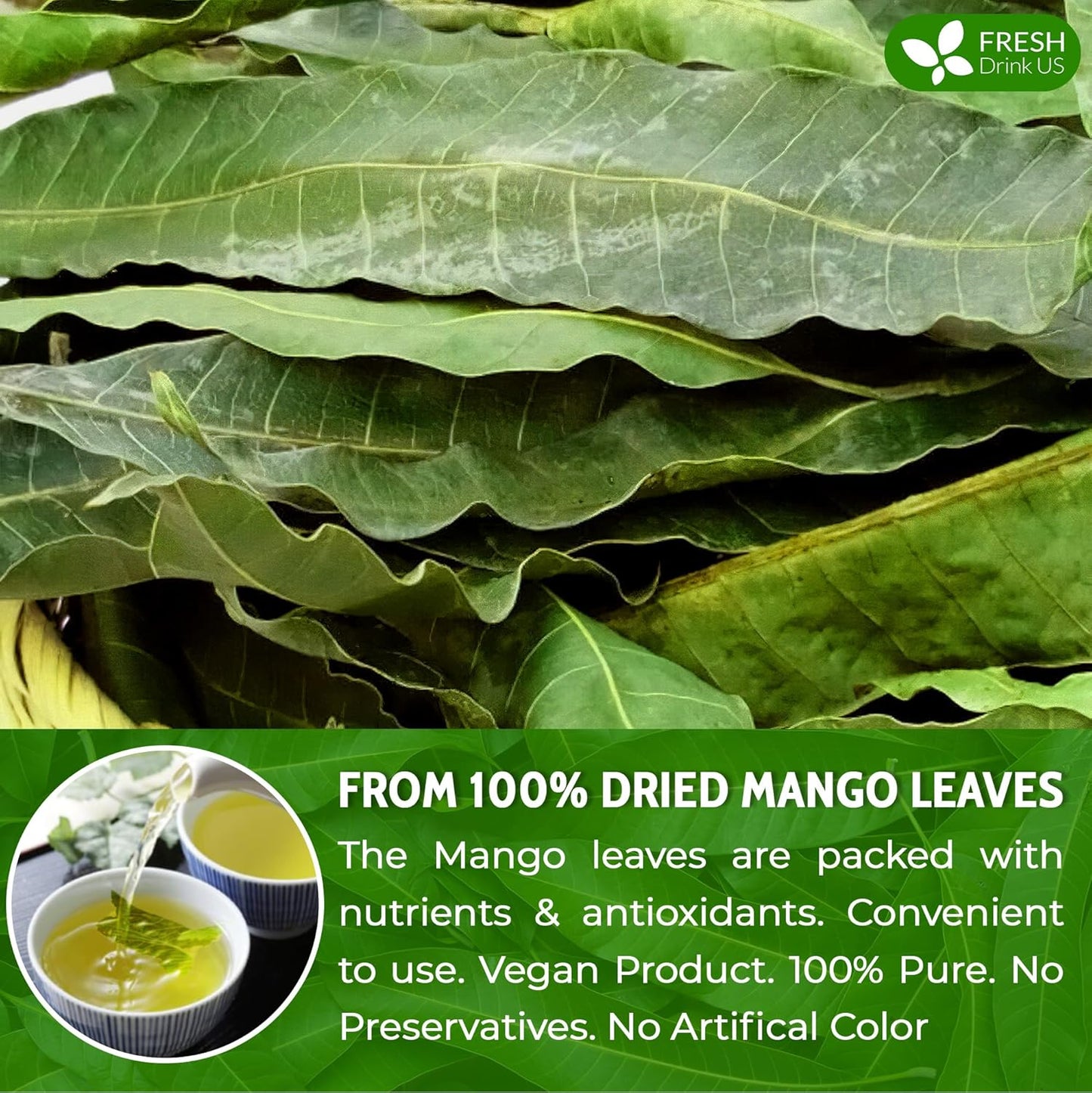FreshDrinkUS, Premium 140+ Mango Whole Leaves Dried, 100% Natural & Pure from Dried Mango Leaves, Mango Leaf Tea, No Additives, No Caffeine, Vegan