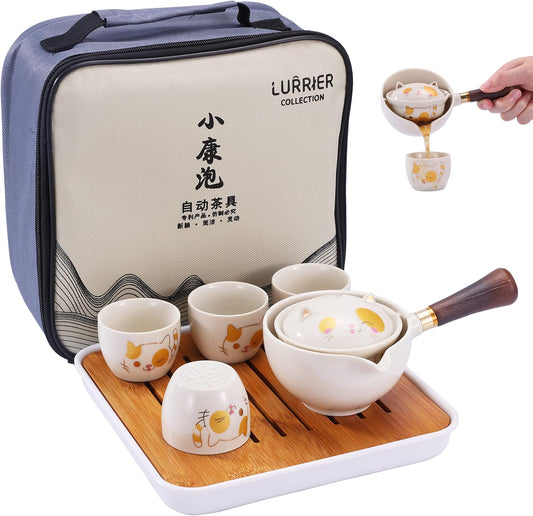 LURRIER Porcelain Chinese Gongfu Tea Set,Portable Teapot Set with 360 Rotation Tea maker and Infuser,Portable All in One Gift Bag for Travel,Home,Gifting,Outdoor and Office (Kitty Cat)