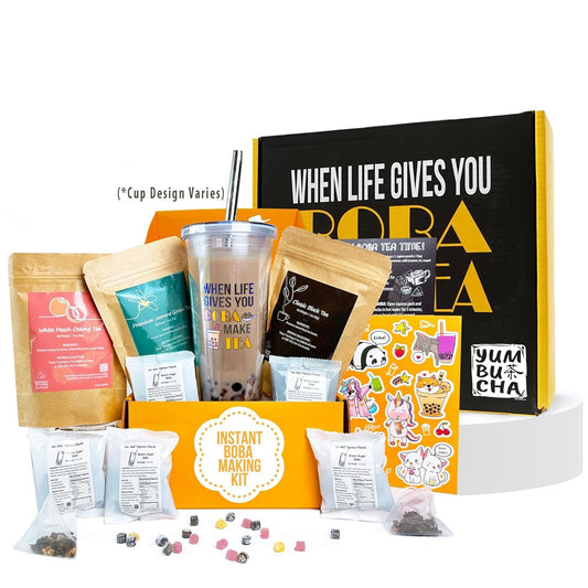 YUMBUCHA Instant Boba Making Kit - A Complete Set for Boba Tea Lovers - 30 Drinks, Reusable Cup & Straw, Tapioca Pearls, and Loose Leaf Teabags - White Peach Oolong, Jasmine Green, Classic Black