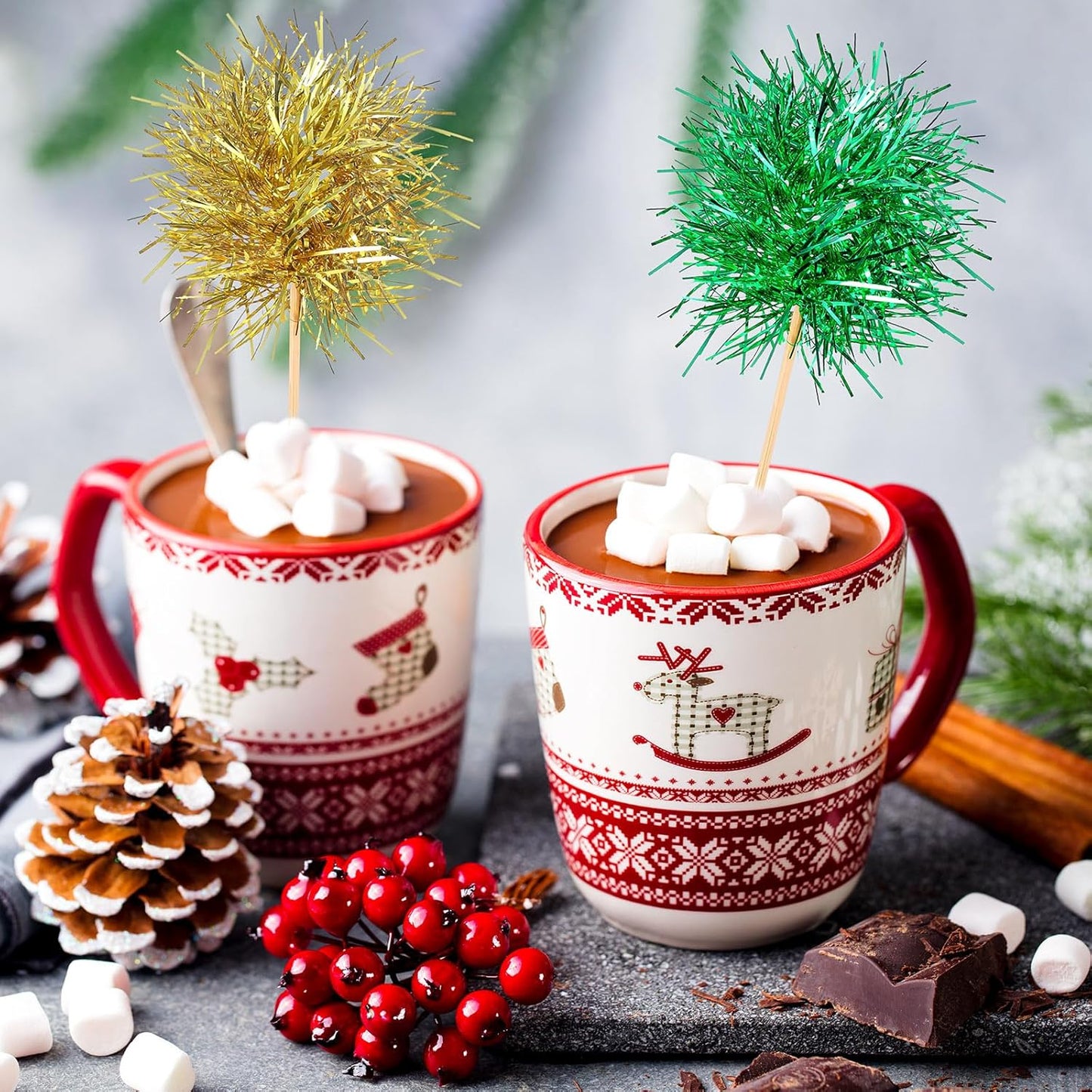 Chinco 100 Pcs Foil Firework Cupcake Toppers Sparkle Tinsel Cake Toppers Cake Decoration Cocktail Fruit Toothpick for Birthday Wedding Graduation Party(Green, Gold)